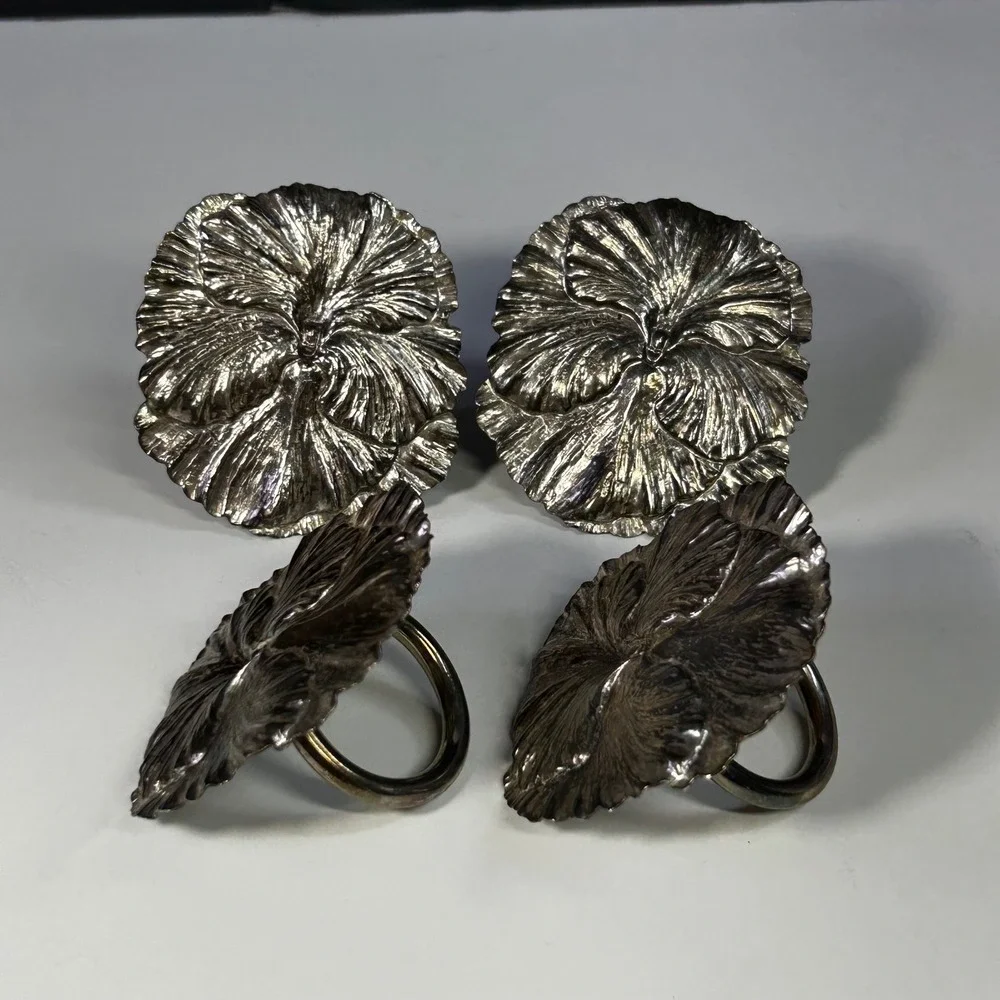 Vintage Silver Tone Pansy Flower Napkin Rings Set of 4 Botanical Floral Decor